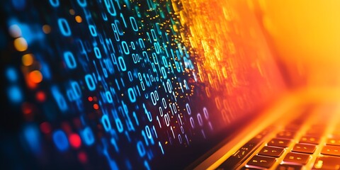 Poster - Cybersecurity Illustrated with Binary Code Descending on a Laptop Screen : Generative AI