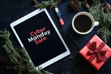 Poster - A tablet with the text Cyber Monday Sale on it, next to an coffee cup