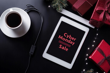 Poster - A tablet with the text Cyber Monday Sale on it, next to an coffee cup