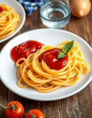 A plate of spaghetti topped with ketchup and a sprig of mint sits on a wooden table