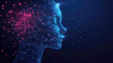 Poster - A digital representation of a woman's face formed with glowing lines and dots against a dark blue background.