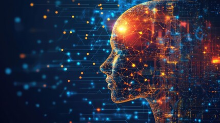 Poster - A digital rendering of a human head with lines of code and data forming a network around it, representing the concept of artificial intelligence.