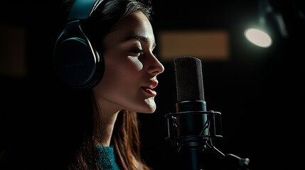 Poster - Professional Female Singer Recording Melodious Vocals at the Sound Studio : Generative AI