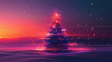 Poster - A digital Christmas tree glows in a landscape of swirling lights and a fiery sunset.