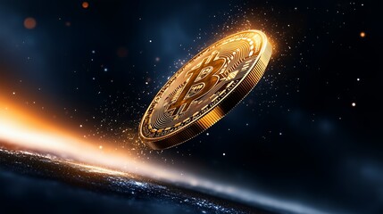 Wall Mural - A gold coin bitcoin it is falling through the air. The coin is surrounded by a lot of glitter, giving it a magical and ethereal appearance