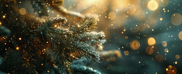 Wall Mural - Closeup of Evergreen Tree Branch With Sparkling Lights and Bokeh During Winter