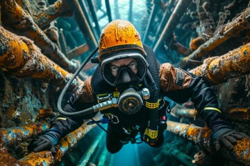 Diver in Heavy Gear Performing Underwater Inspection