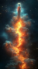 Wall Mural - surreal burning clouds rising in the middle of outer space with a goddess standing on top, creating 