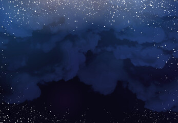Wall Mural - magic night dark blue frame with sparkling glitter bokeh and light art. square vector wedding card. 
