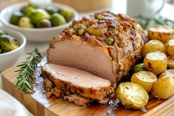 A sliced pork roast with stuffing on a cutting board beside potatoes and Brussels sprouts