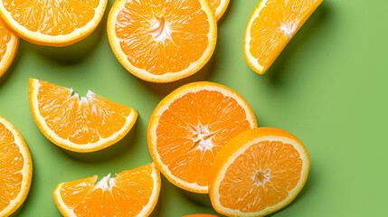 A bunch of oranges are sliced and arranged on a green background