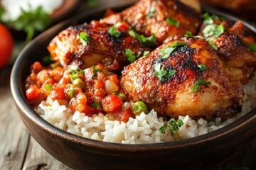 Poster - Asopao de pollo is a Caribbean chicken and rice dish featuring sofrito and tomato paste presented in a bowl