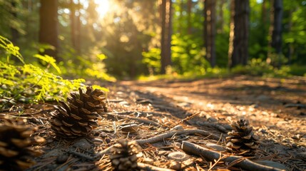 Sticker - Close-up view of forest path with cones and roots, low angle in natural scenery with blurred background. Shallow depth of field in park, environmental context.