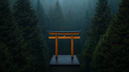 A serene torii gate surrounded by dense, misty forest, symbolizing peace and spirituality in nature.