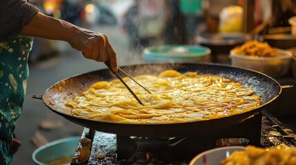 Poster - A vendor frying golden, crispy banh xeo (Vietnamese pancakes) in an open-air market in