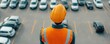 © Gencraffic - A construction worker in an orange uniform and helmet observes a parking lot filled with cars.