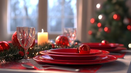 A christmas table setting with red plates and silverware created with Generative AI technology