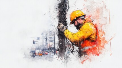 A construction worker in safety gear is focused on tasks involving utility poles amidst a city scene, emphasizing hard work and dedication.