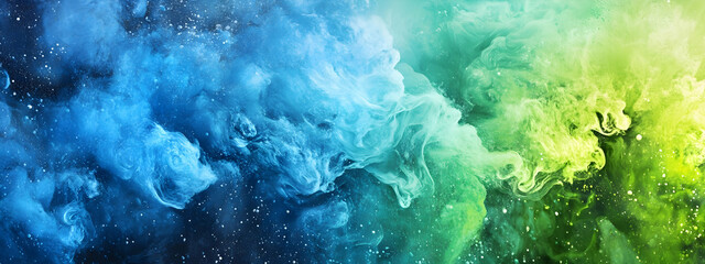 Abstract water painting, color mist. Magic spell mystery. Bold colors blue and green contrast vapor floating colors, splash cloud explosion texture background banner illustration