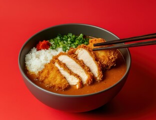 Poster - Chopsticks grasping chicken katsu curry in a bowl against a red backdrop