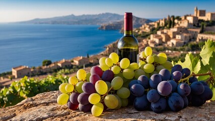 Bottle of wine and bunch of grapes on the coast of Sicily. Malvasia, Marsala.