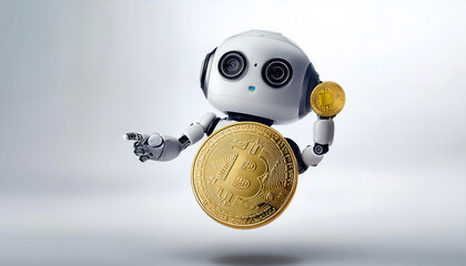 AI Robot Holding Gold Coin floating or flying isolated white background