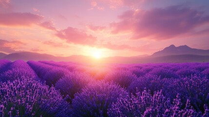 Wall Mural - A picturesque sunset scene of a lavender field illuminated by warm purple hues,