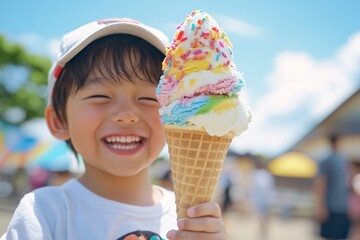 a child smiling while holding a large ice cream cone, colorful scoops, sunny day, outdoors 2