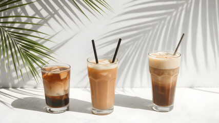 Assorted iced coffee on white concrete background with palm shadows. Summer composition for coffee menu.