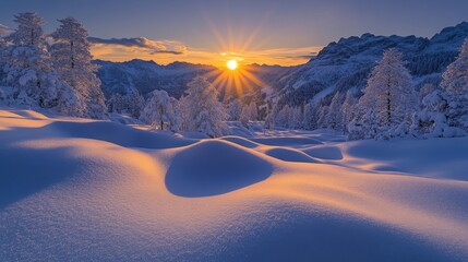 Sticker - Snow-covered landscape at sunrise with mountain backdrop in winter