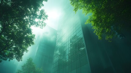 Modern building facade with sustainable green wall, natural plants integrated into architecture, urban eco-friendly design