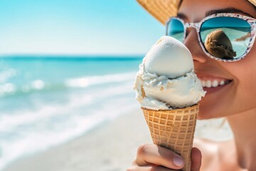 A person enjoying an ice cream cone on a sunny beach, wearing sunglasses and a sun hat, ocean in the background 2