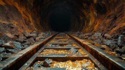 Rusty railroad tracks leading into a dark tunnel with scattered rocks.