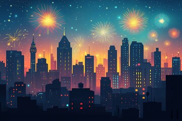 Fireworks illuminate night sky above silhouette cityscape.