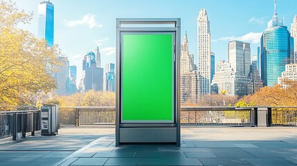 Empty billboard with green screen in urban park setting against city skyline, surrounded by autumn trees and modern architecture.