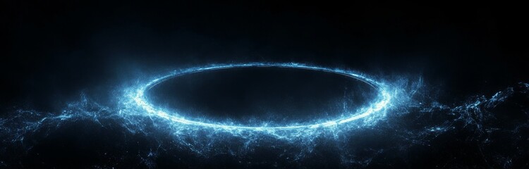 Wall Mural - Bright blue glittering energy circle against a black background with glowing particles in space