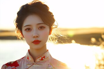 A young Chinese woman with a serene expression, wearing a modern qipao, standing by a river during golden hour, gentle breeze 3