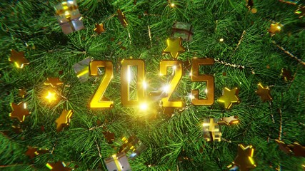 Wall Mural - new year and christmas 2025. mobile gold inscription 2025 on the background of green christmas tree 