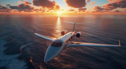 Wall Mural - Private Jet Flying Over the Ocean at Sunset