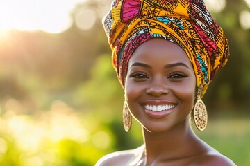 A young African woman in traditional attire, wearing a vibrant headwrap, smiling in a sunny outdoor setting 2