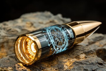Poster - Bullet with reflective lighting showing small, intricate scratches from use, set against a soft background capturing its rugged history, symbolizing resilience and craftsmanship