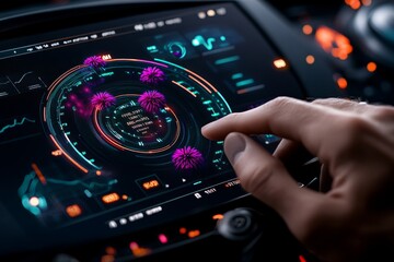 Aufkleber - Close-up of a data analystâ€™s hand checking data charts on a screen with colorful, organized visualizations, capturing the clarity and structure of quality data, symbolizing accuracy and detail