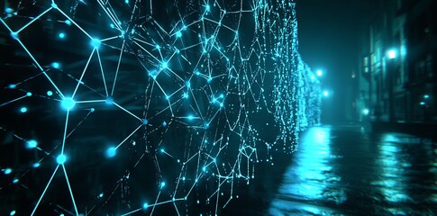 Poster - A smart city at night, a river bridge, network connectivity, technology, and telecommunications