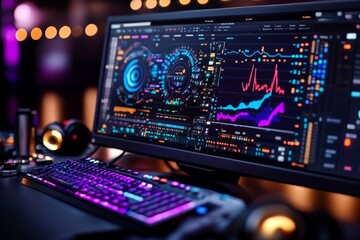 Poster - Close-up of analytical tools on a screen with layered charts and color-coded statistics, capturing the intensity of data mining for insights, symbolizing precision and understanding