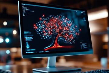 Poster - Computer screen displaying a data tree with branches connecting nodes, capturing the depth and structure of data mining in a visual format, symbolizing connectivity and focus