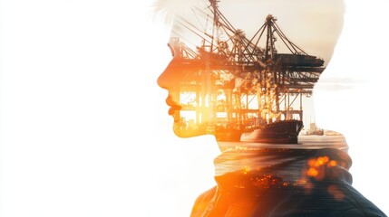 Wall Mural - Double exposure photography of engineer man and the business Logistics and transportation of Container Cargo ship and Cargo plane with working crane bridge.