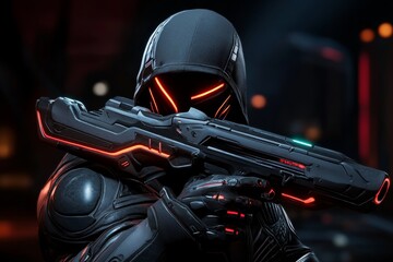 Poster - Cyberpunk assassin in neon-lit shadows, with futuristic mask and glowing weapons, capturing the intense, high-tech stealth of a neon world, symbolizing innovation and suspense