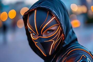 Poster - Cyberpunk assassin in neon-lit shadows, with futuristic mask and glowing weapons, capturing the intense, high-tech stealth of a neon world, symbolizing innovation and suspense