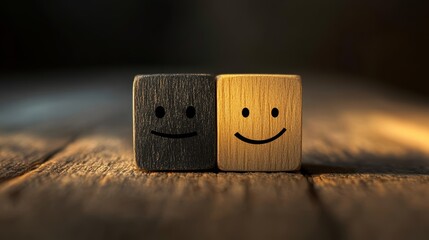 Mental health and emotional state, Smile face in bright side and sad face in dark side on wooden block cube for positive mindset selection, expression, mask, bipolar, generate by AI