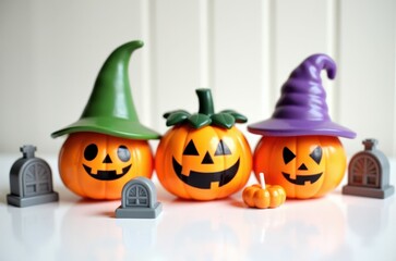 Halloween holiday toy pumpkins, toy caps, toy graves, toy candles,